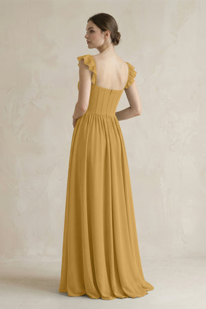 Sweetheart Chiffon Ruffled A-Line Corset Bridesmaid Dress in Marigold (2) | KISSBRIDAL