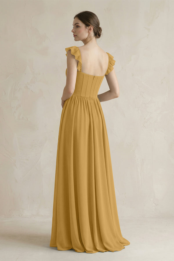 Sweetheart Chiffon Ruffled A-Line Corset Bridesmaid Dress in Marigold (2) | KISSBRIDAL