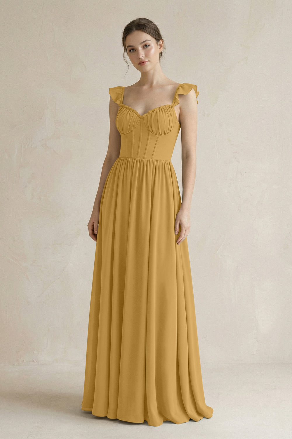 Sweetheart Chiffon Ruffled A-Line Corset Bridesmaid Dress in Marigold