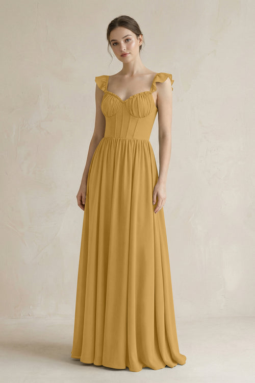 Sweetheart Chiffon Ruffled A-Line Corset Bridesmaid Dress in Marigold | KISSBRIDAL