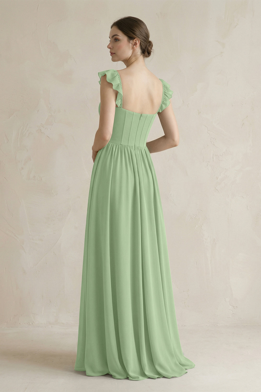 Sweetheart Chiffon Ruffled A-Line Corset Bridesmaid Dress in Matcha