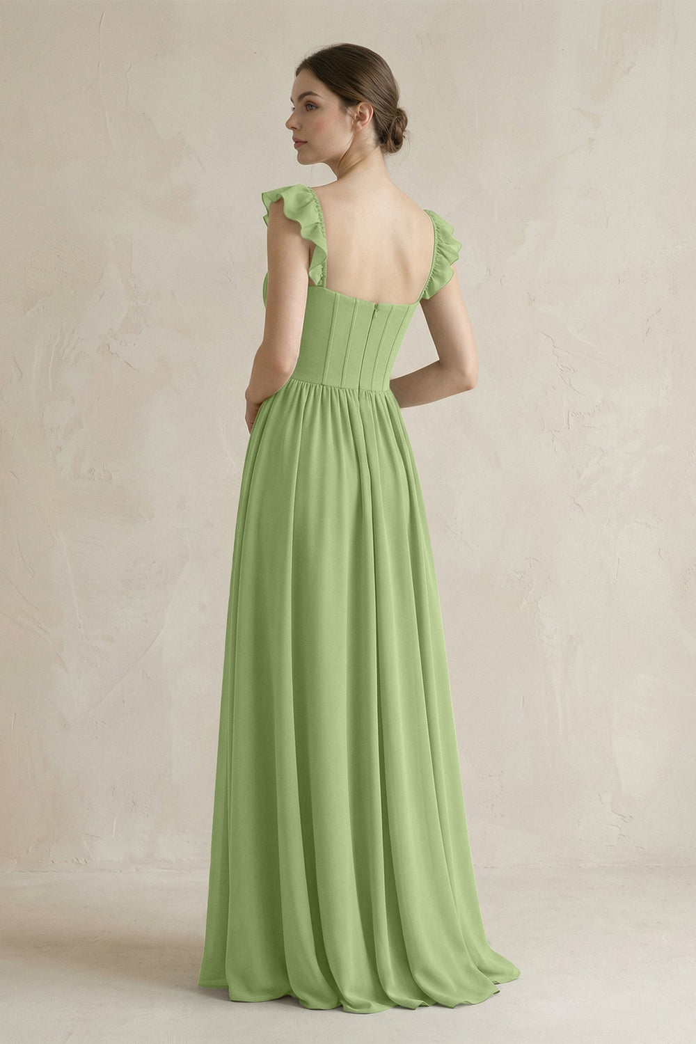 Sweetheart Chiffon Ruffled A - Line Corset Bridesmaid Dress in Matcha - KISS BRIDAL Bridesmaid Dresses