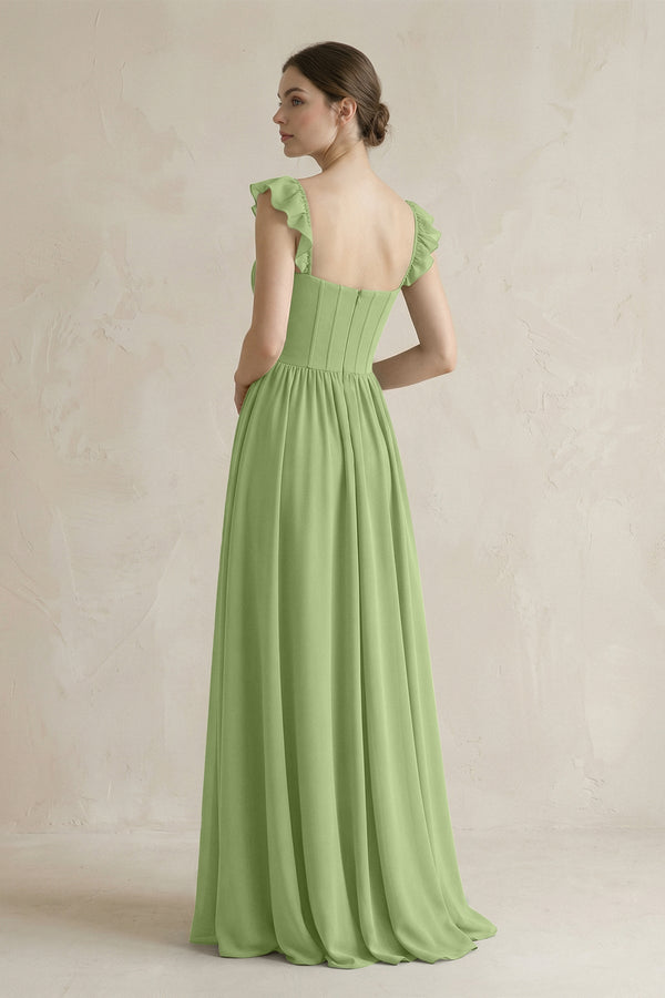 Sweetheart Chiffon Ruffled A - Line Corset Bridesmaid Dress in Matcha - SHE IS ME Bridesmaid Dresses