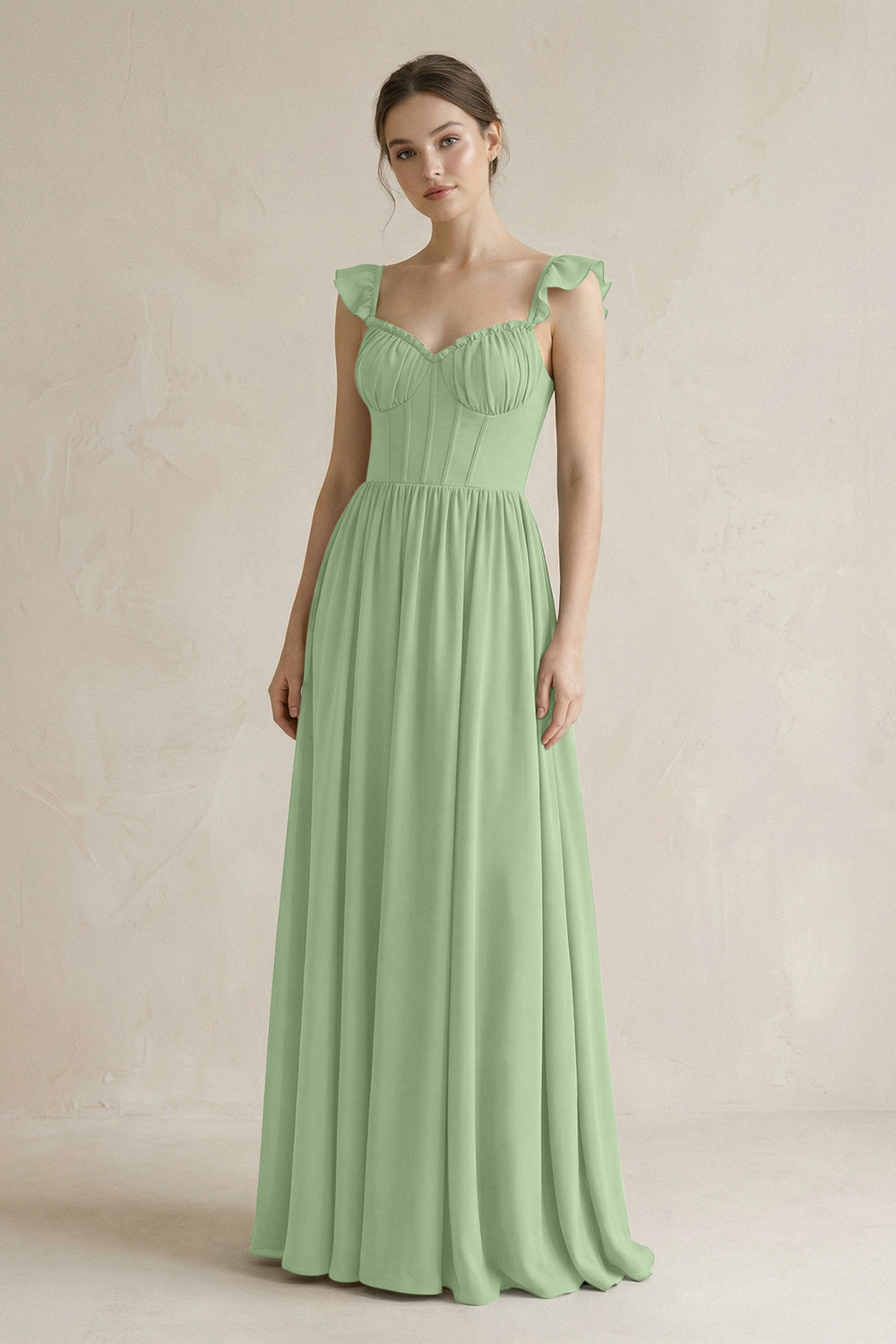 Sweetheart Chiffon Ruffled A-Line Corset Bridesmaid Dress in Matcha