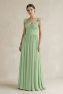Sweetheart Chiffon Ruffled A-Line Corset Bridesmaid Dress in Matcha | KISSBRIDAL