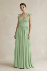 Sweetheart Chiffon Ruffled A-Line Corset Bridesmaid Dress in Matcha | KISSBRIDAL