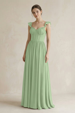 Sweetheart Chiffon Ruffled A-Line Corset Bridesmaid Dress in Matcha | KISSBRIDAL