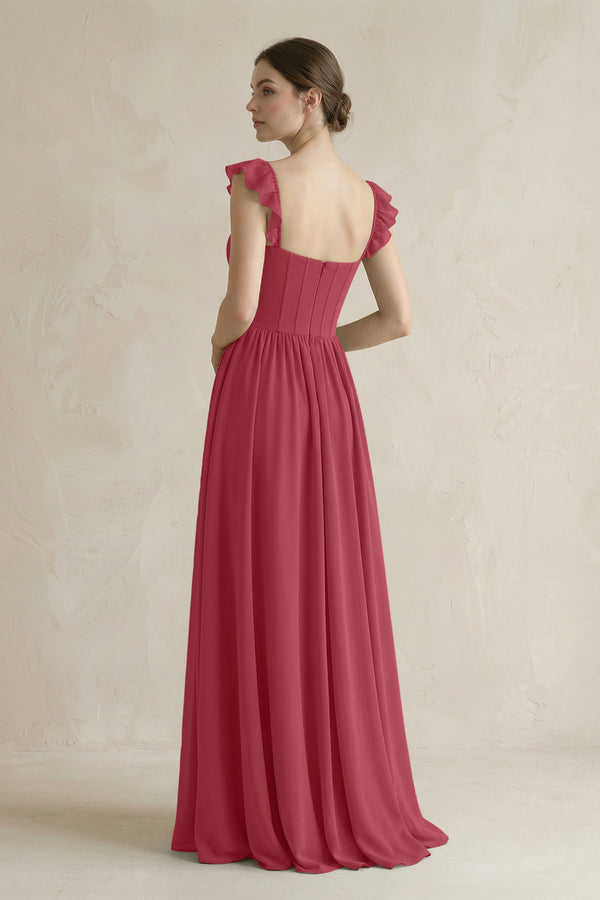 Sweetheart Chiffon Ruffled A-Line Corset Bridesmaid Dress in Merlot (2) | KISSBRIDAL