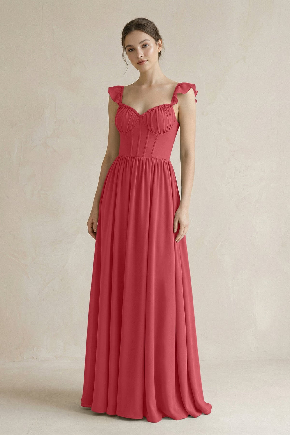 Sweetheart Chiffon Ruffled A - Line Corset Bridesmaid Dress in Merlot - KISS BRIDAL Bridesmaid Dresses