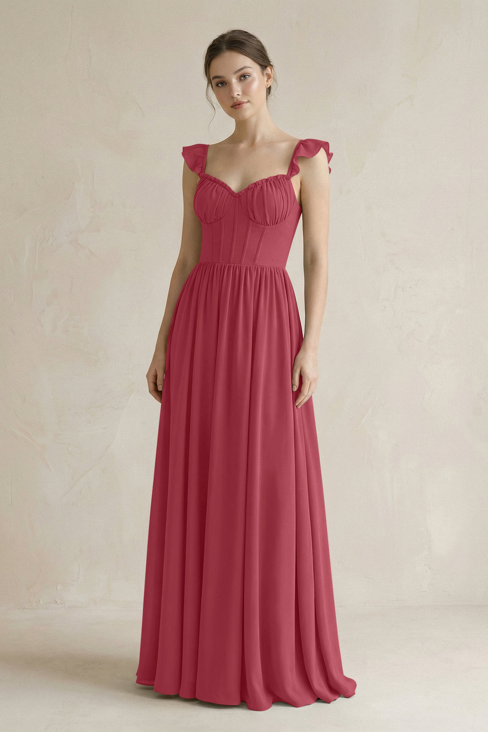 Sweetheart Chiffon Ruffled A-Line Corset Bridesmaid Dress in Merlot