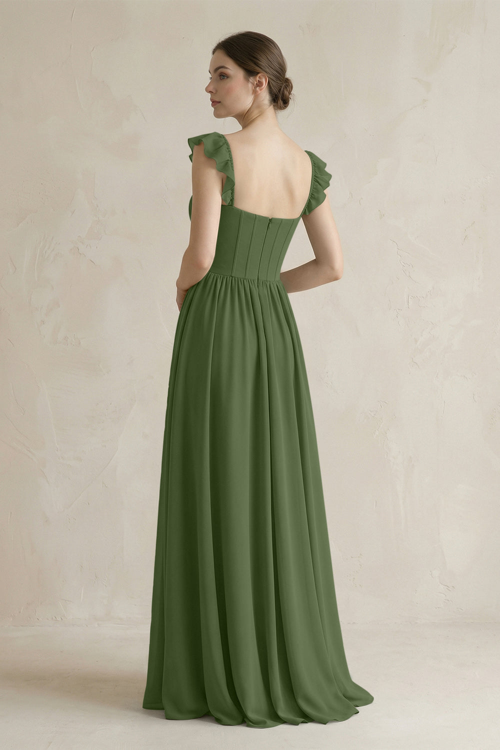 Sweetheart Chiffon Ruffled A-Line Corset Bridesmaid Dress in Moss