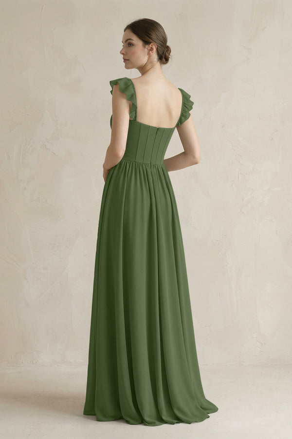 Sweetheart Chiffon Ruffled A-Line Corset Bridesmaid Dress in Moss (2) | KISSBRIDAL