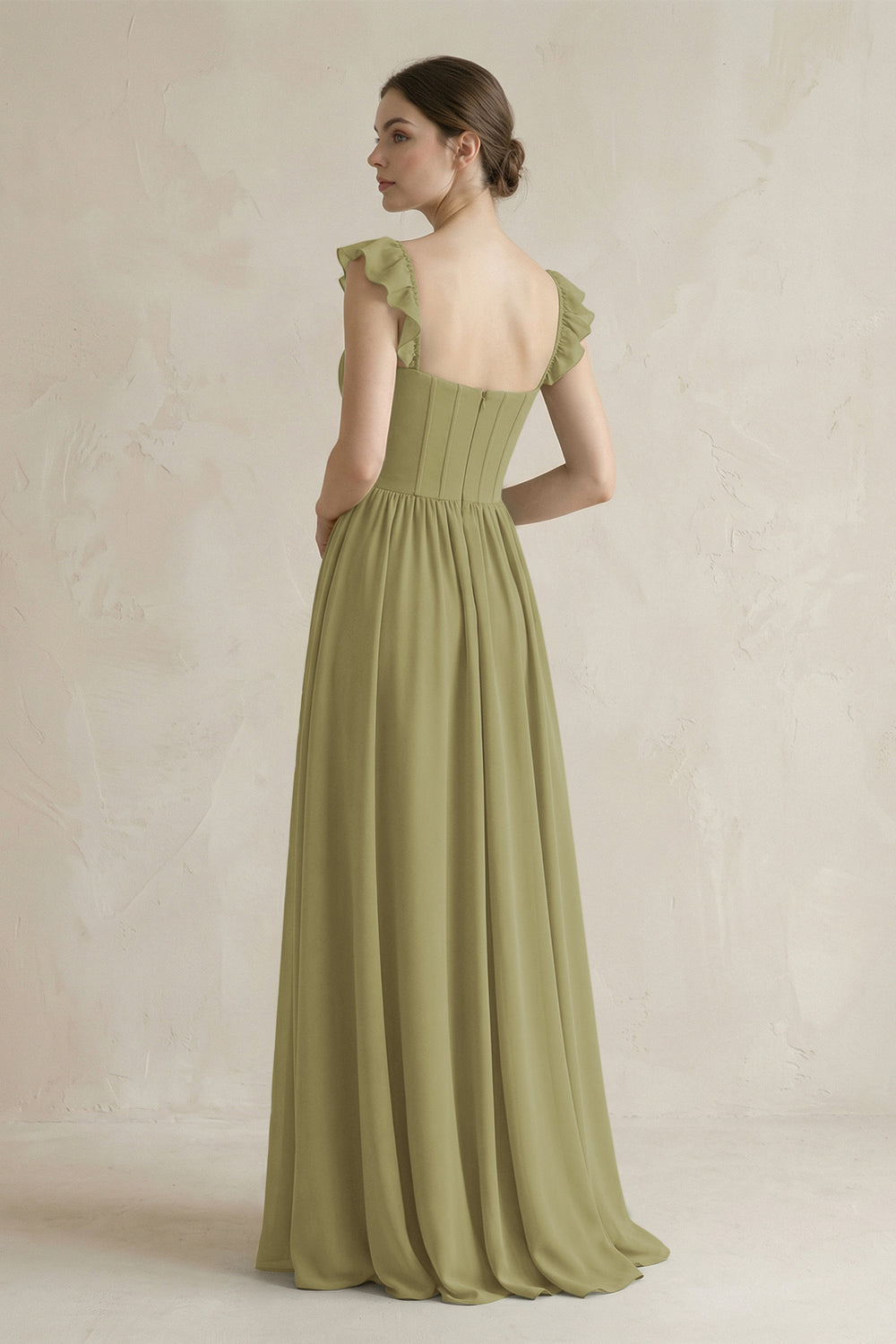 Sweetheart Chiffon Ruffled A-Line Corset Bridesmaid Dress in Moss Green