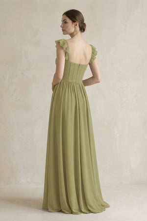 Sweetheart Chiffon Ruffled A-Line Corset Bridesmaid Dress in Moss Green (2) | KISSBRIDAL