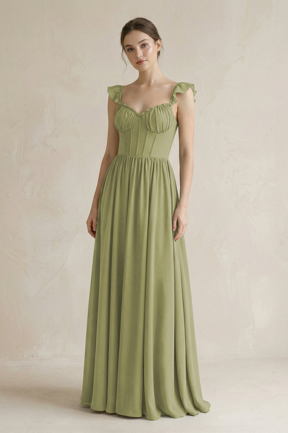 Sweetheart Chiffon Ruffled A - Line Corset Bridesmaid Dress in Moss Green - KISS BRIDAL Bridesmaid Dresses