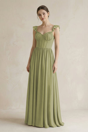 Sweetheart Chiffon Ruffled A - Line Corset Bridesmaid Dress in Moss Green - SHE IS ME Bridesmaid Dresses