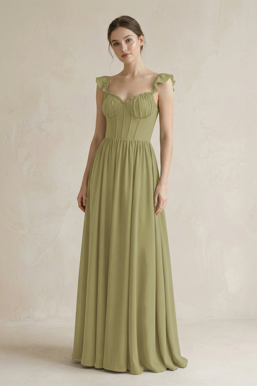 Sweetheart Chiffon Ruffled A-Line Corset Bridesmaid Dress in Moss Green