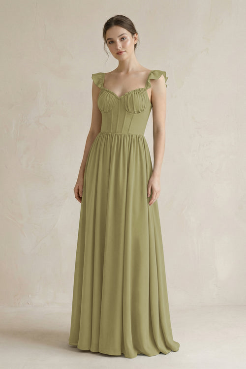 Sweetheart Chiffon Ruffled A-Line Corset Bridesmaid Dress in Moss Green | KISSBRIDAL