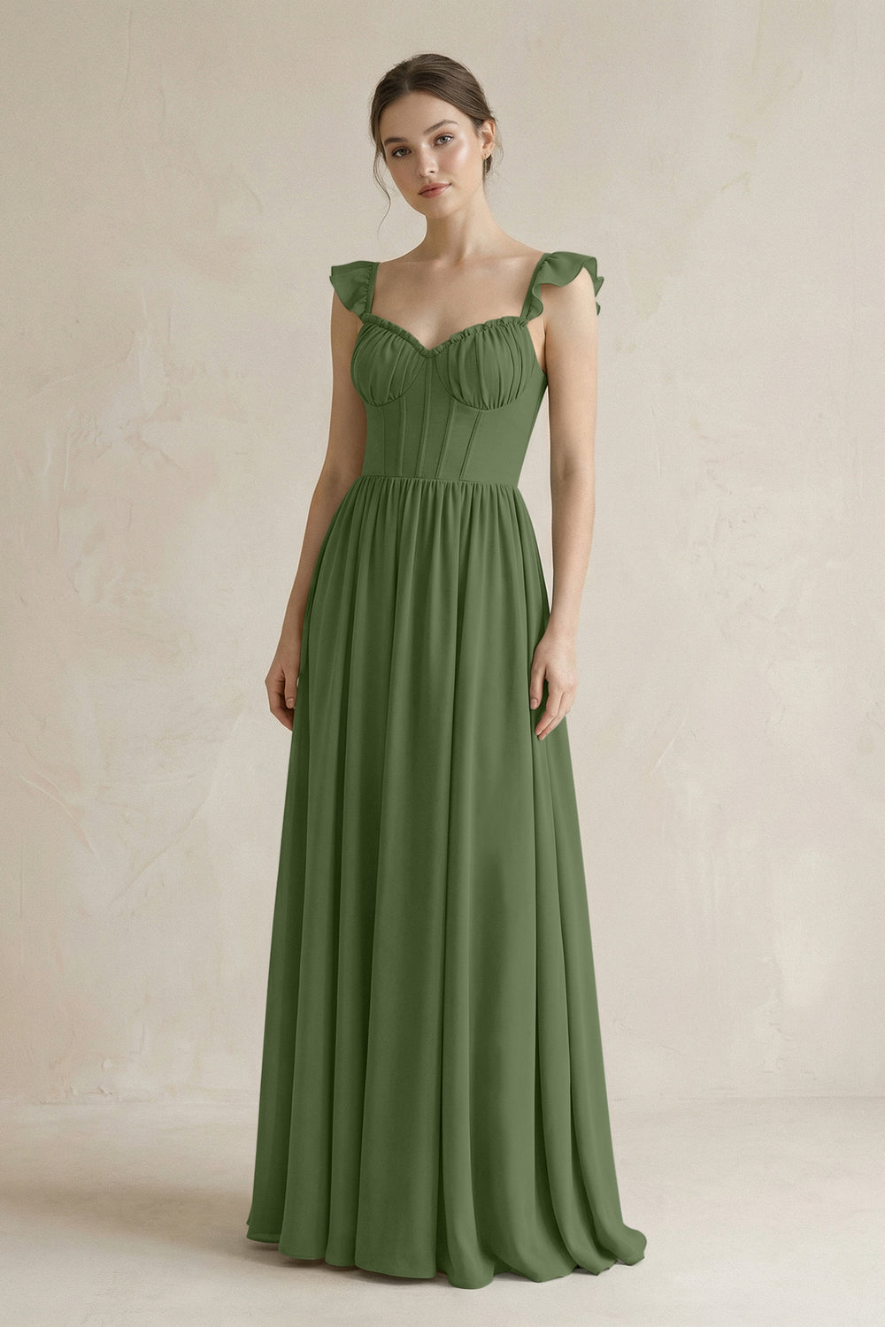 Sweetheart Chiffon Ruffled A-Line Corset Bridesmaid Dress in Moss