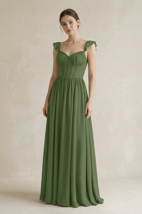 Sweetheart Chiffon Ruffled A-Line Corset Bridesmaid Dress in Moss | KISSBRIDAL