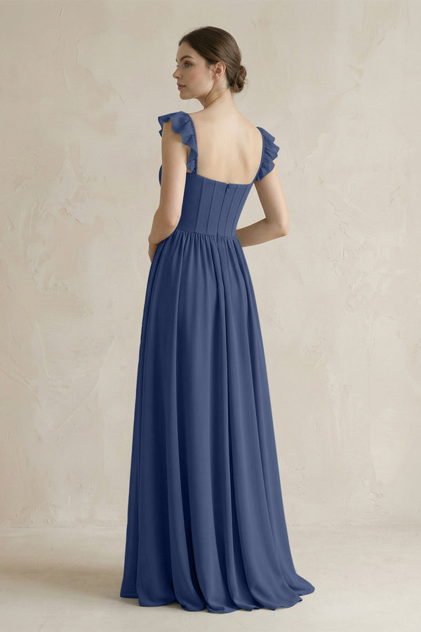 Sweetheart Chiffon Ruffled A - Line Corset Bridesmaid Dress in Navy - SHE IS ME Bridesmaid Dresses
