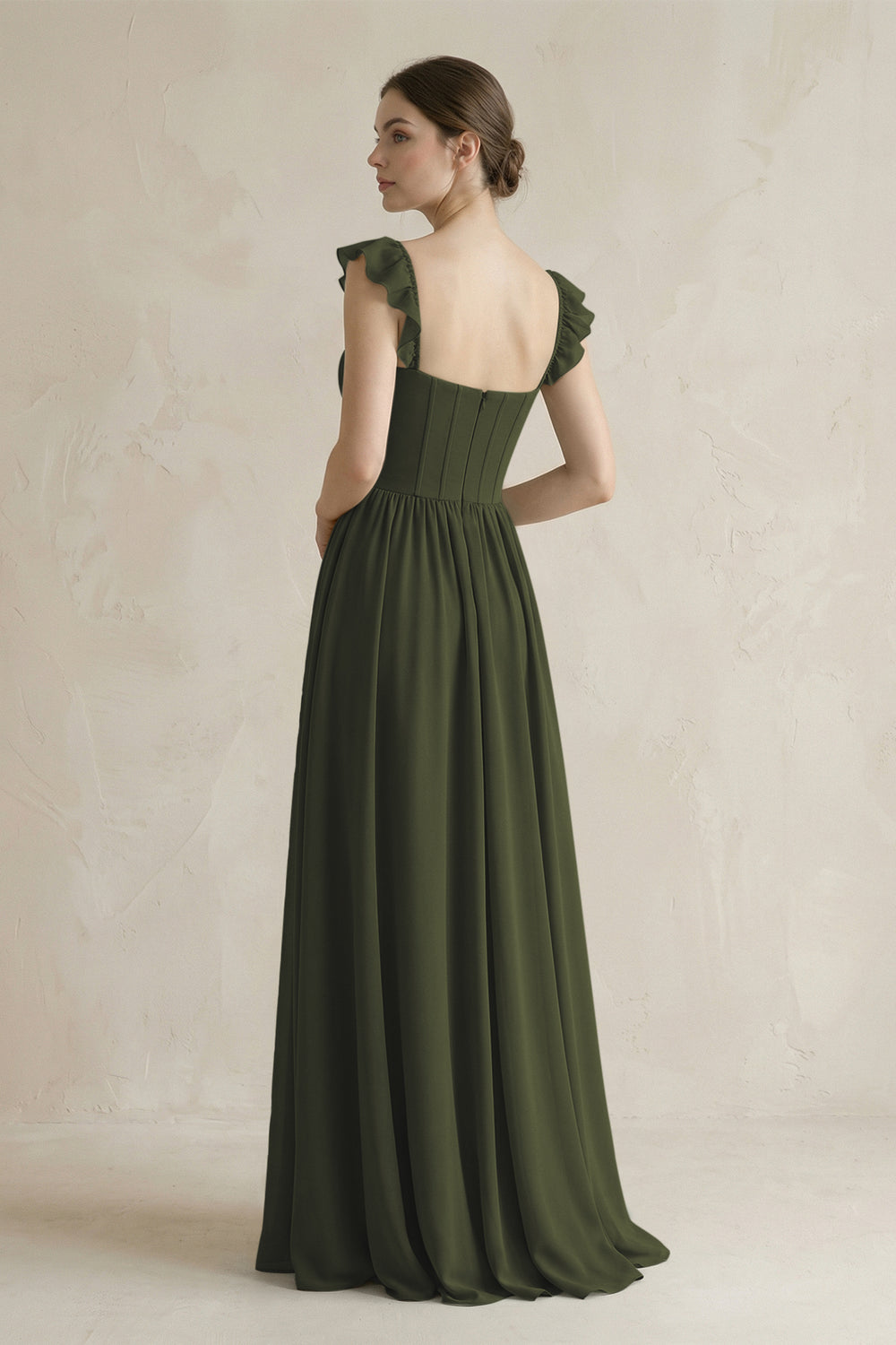 Sweetheart Chiffon Ruffled A-Line Corset Bridesmaid Dress in Olive