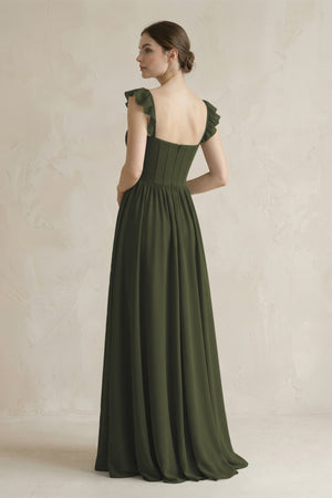 Sweetheart Chiffon Ruffled A-Line Corset Bridesmaid Dress in Olive (2) | KISSBRIDAL