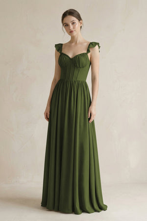 Sweetheart Chiffon Ruffled A - Line Corset Bridesmaid Dress in Olive - SHE IS ME Bridesmaid Dresses