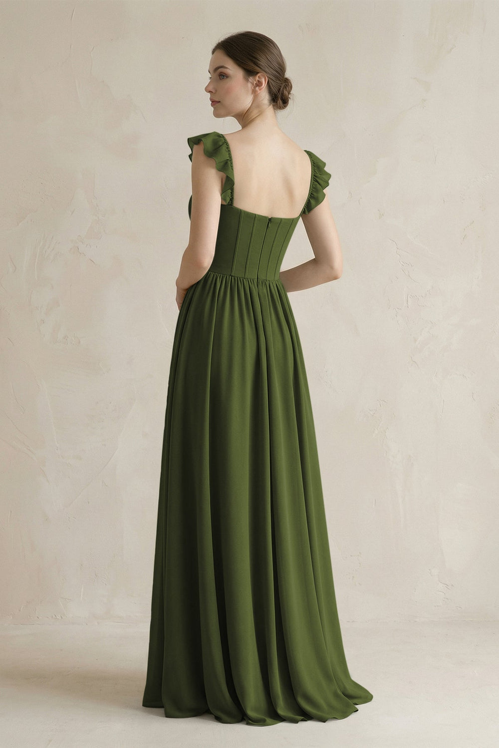 Sweetheart Chiffon Ruffled A - Line Corset Bridesmaid Dress in Olive - KISS BRIDAL Bridesmaid Dresses