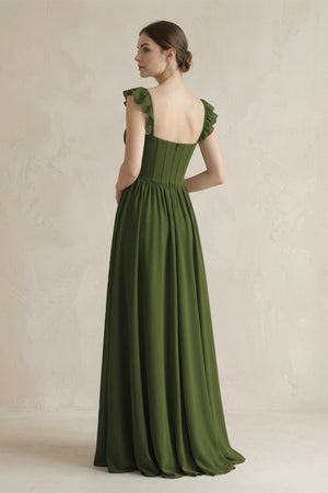 Sweetheart Chiffon Ruffled A - Line Corset Bridesmaid Dress in Olive - SHE IS ME Bridesmaid Dresses