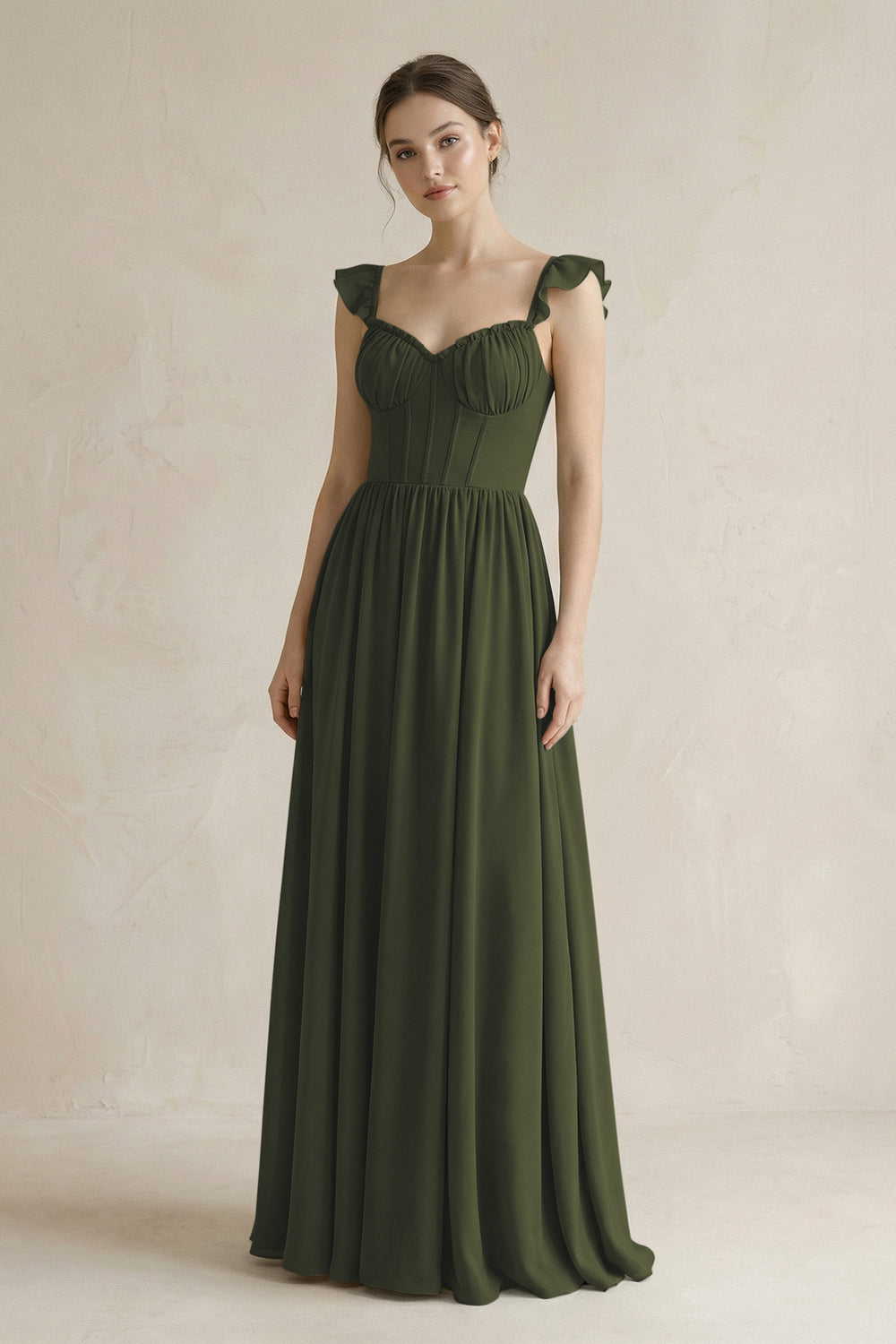 Sweetheart Chiffon Ruffled A-Line Corset Bridesmaid Dress in Olive