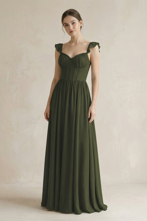 Sweetheart Chiffon Ruffled A-Line Corset Bridesmaid Dress in Olive | KISSBRIDAL