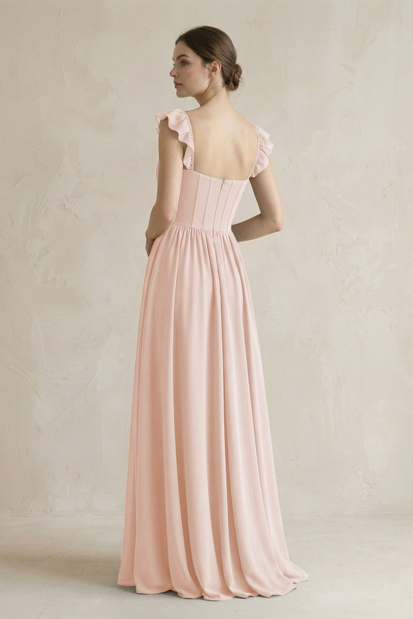 Sweetheart Chiffon Ruffled A - Line Corset Bridesmaid Dress in Pale Blush - SHE IS ME Bridesmaid Dresses