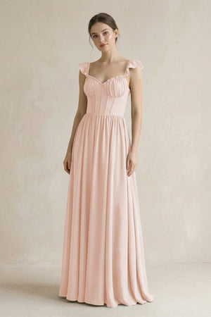 Sweetheart Chiffon Ruffled A - Line Corset Bridesmaid Dress in Pale Blush - SHE IS ME Bridesmaid Dresses