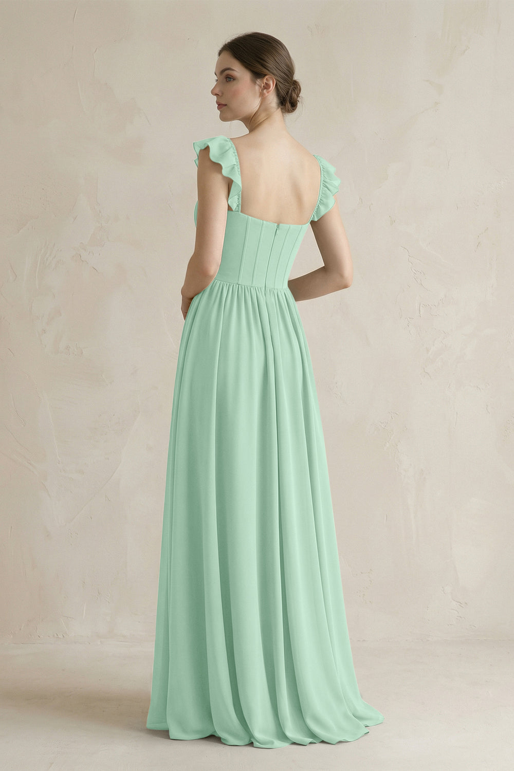 Sweetheart Chiffon Ruffled A-Line Corset Bridesmaid Dress in Pale Pistachio