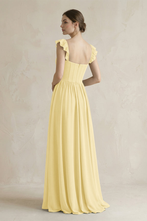 Sweetheart Chiffon Ruffled A - Line Corset Bridesmaid Dress in Pastel Yellow - SHE IS ME Bridesmaid Dresses
