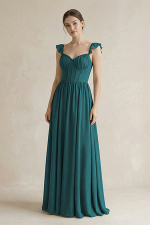 Sweetheart Chiffon Ruffled A - Line Corset Bridesmaid Dress in Pine - SHE IS ME Bridesmaid Dresses
