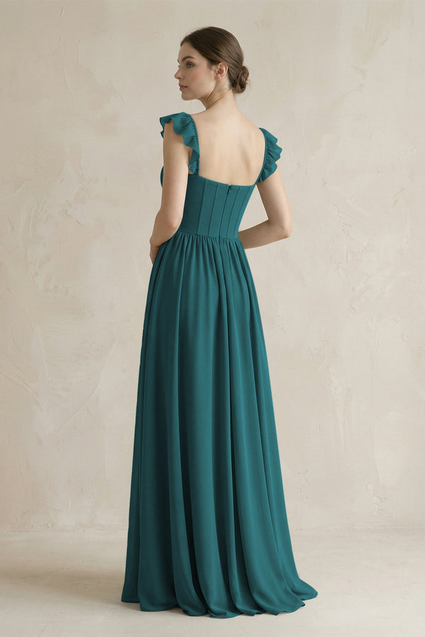 Sweetheart Chiffon Ruffled A - Line Corset Bridesmaid Dress in Pine - SHE IS ME Bridesmaid Dresses
