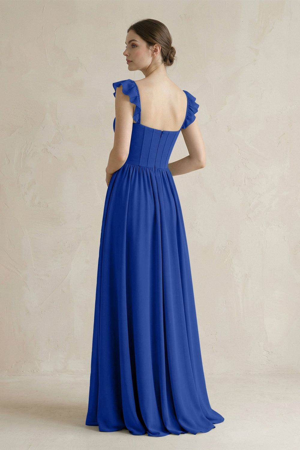 Sweetheart Chiffon Ruffled A - Line Corset Bridesmaid Dress in Royal Blue - KISS BRIDAL Bridesmaid Dresses