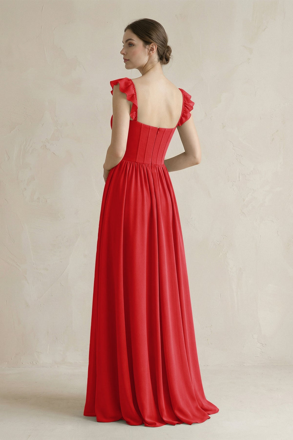 Sweetheart Chiffon Ruffled A - Line Corset Bridesmaid Dress in Ruby Red - KISS BRIDAL Bridesmaid Dresses