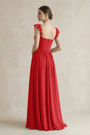 Sweetheart Chiffon Ruffled A - Line Corset Bridesmaid Dress in Ruby Red - SHE IS ME Bridesmaid Dresses
