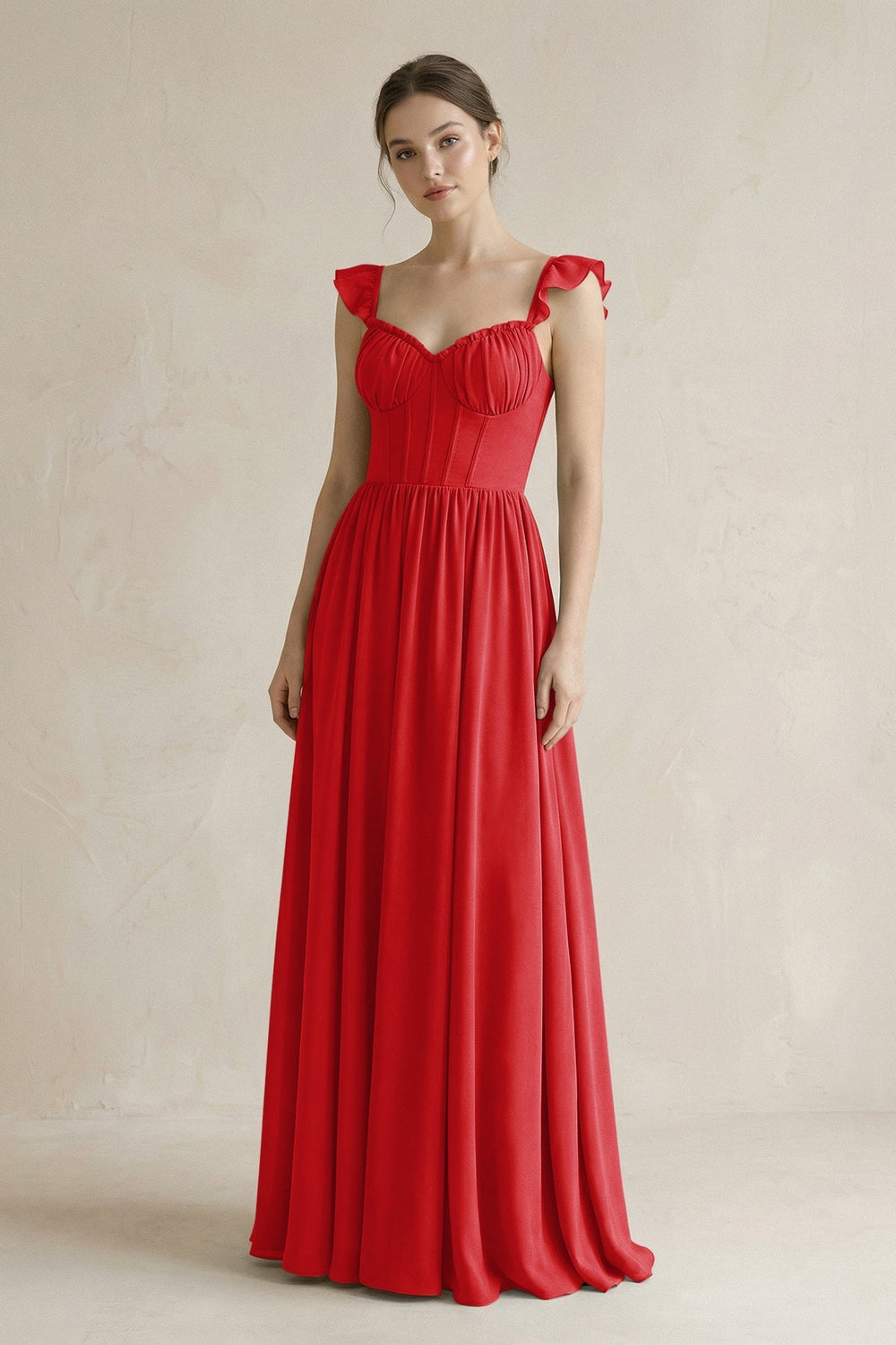 Sweetheart Chiffon Ruffled A - Line Corset Bridesmaid Dress in Ruby Red - KISS BRIDAL Bridesmaid Dresses
