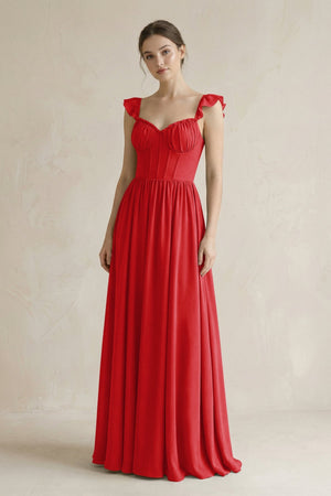 Sweetheart Chiffon Ruffled A - Line Corset Bridesmaid Dress in Ruby Red - SHE IS ME Bridesmaid Dresses