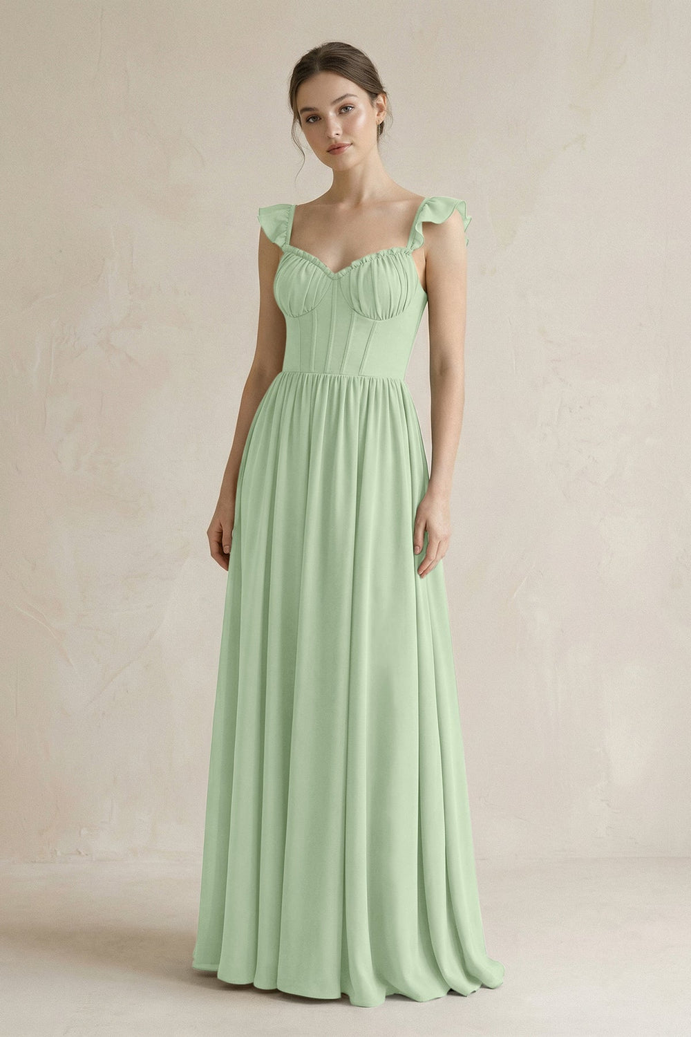 Sweetheart Chiffon Ruffled A - Line Corset Bridesmaid Dress in Sage - KISS BRIDAL Bridesmaid Dresses
