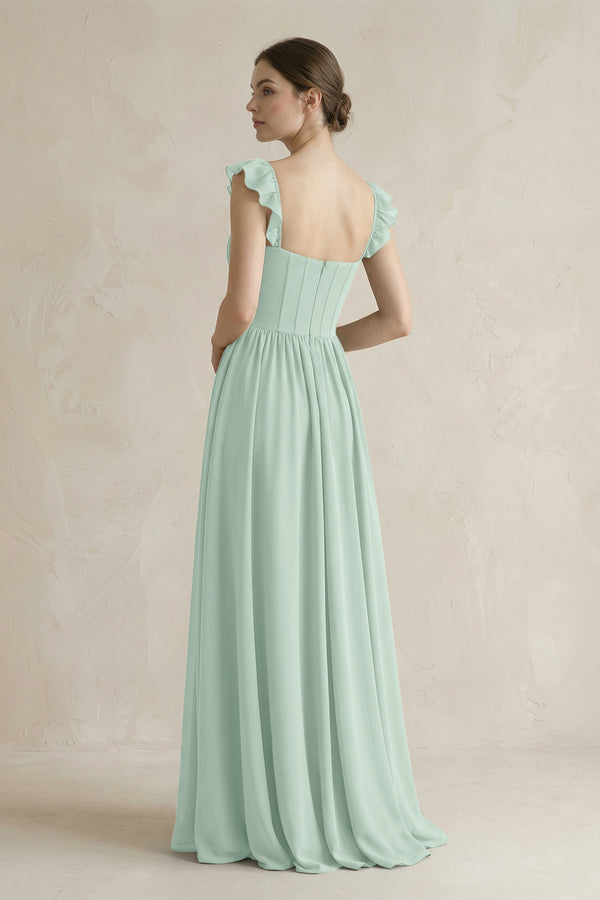 Sweetheart Chiffon Ruffled A-Line Corset Bridesmaid Dress in Sage (2) | KISSBRIDAL