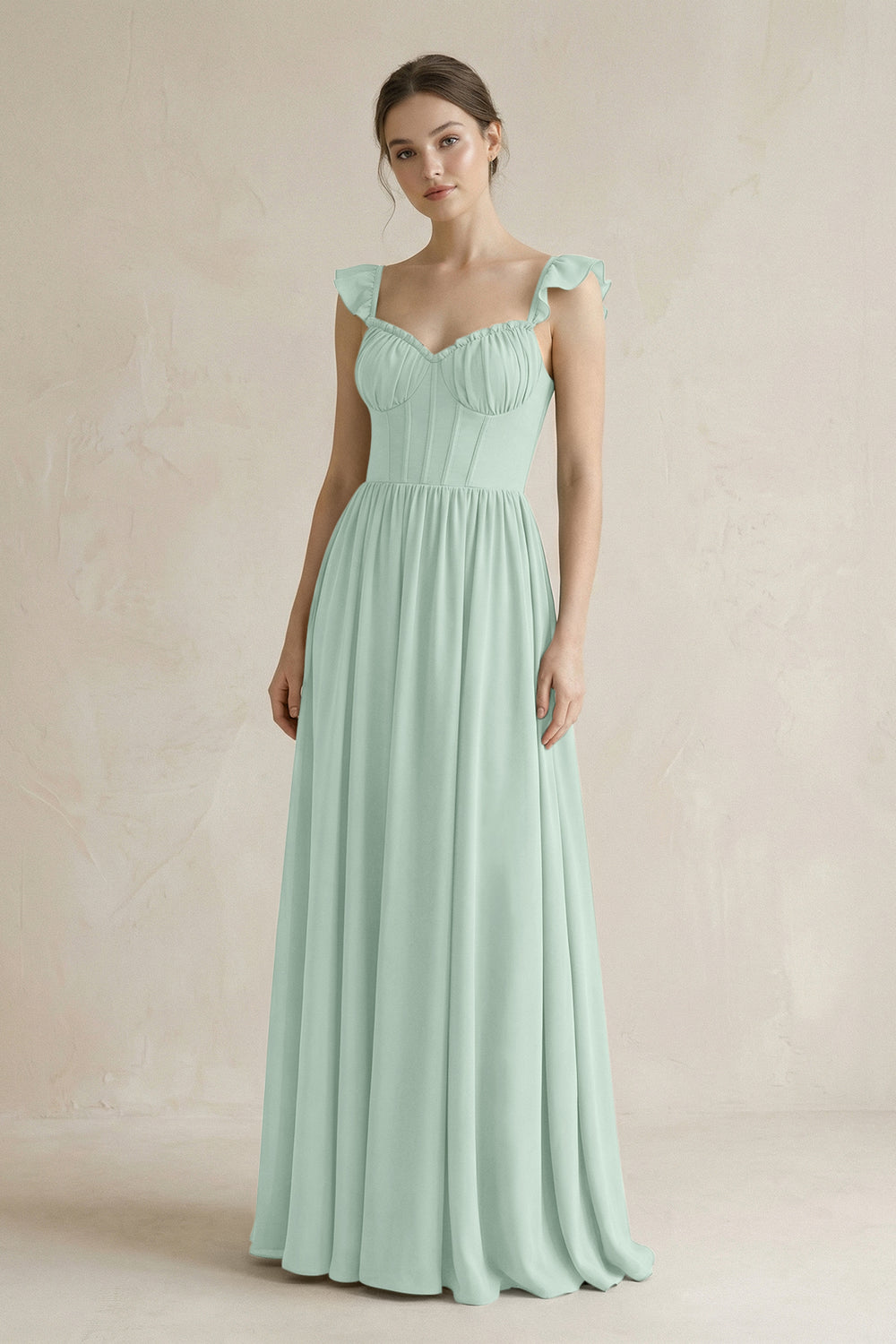 Sweetheart Chiffon Ruffled A-Line Corset Bridesmaid Dress in Sage