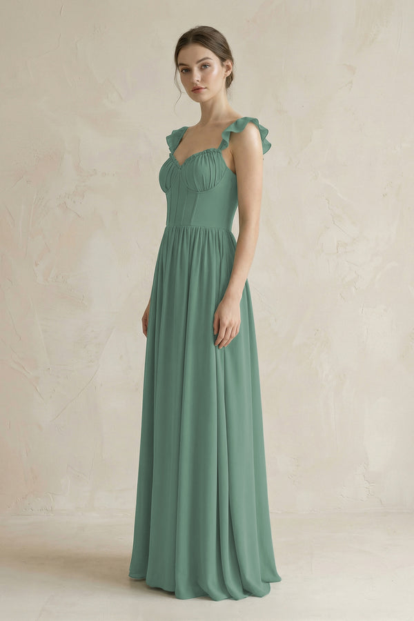 Sweetheart Chiffon Ruffled A-Line Corset Bridesmaid Dress in Sea Glass (3) | KISSBRIDAL