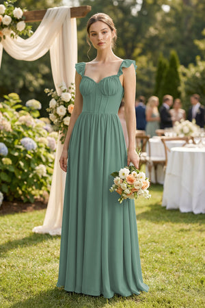 Sweetheart Chiffon Ruffled A-Line Corset Bridesmaid Dress in Sea Glass (4) | KISSBRIDAL