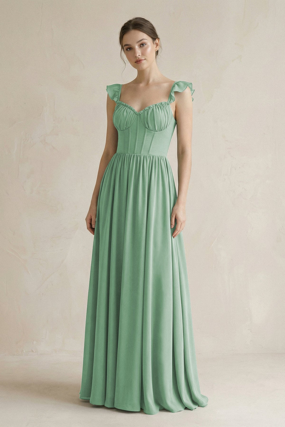 Sweetheart Chiffon Ruffled A - Line Corset Bridesmaid Dress in Sea Glass - SHE IS ME Bridesmaid Dresses