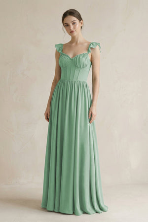Sweetheart Chiffon Ruffled A - Line Corset Bridesmaid Dress in Sea Glass - SHE IS ME Bridesmaid Dresses
